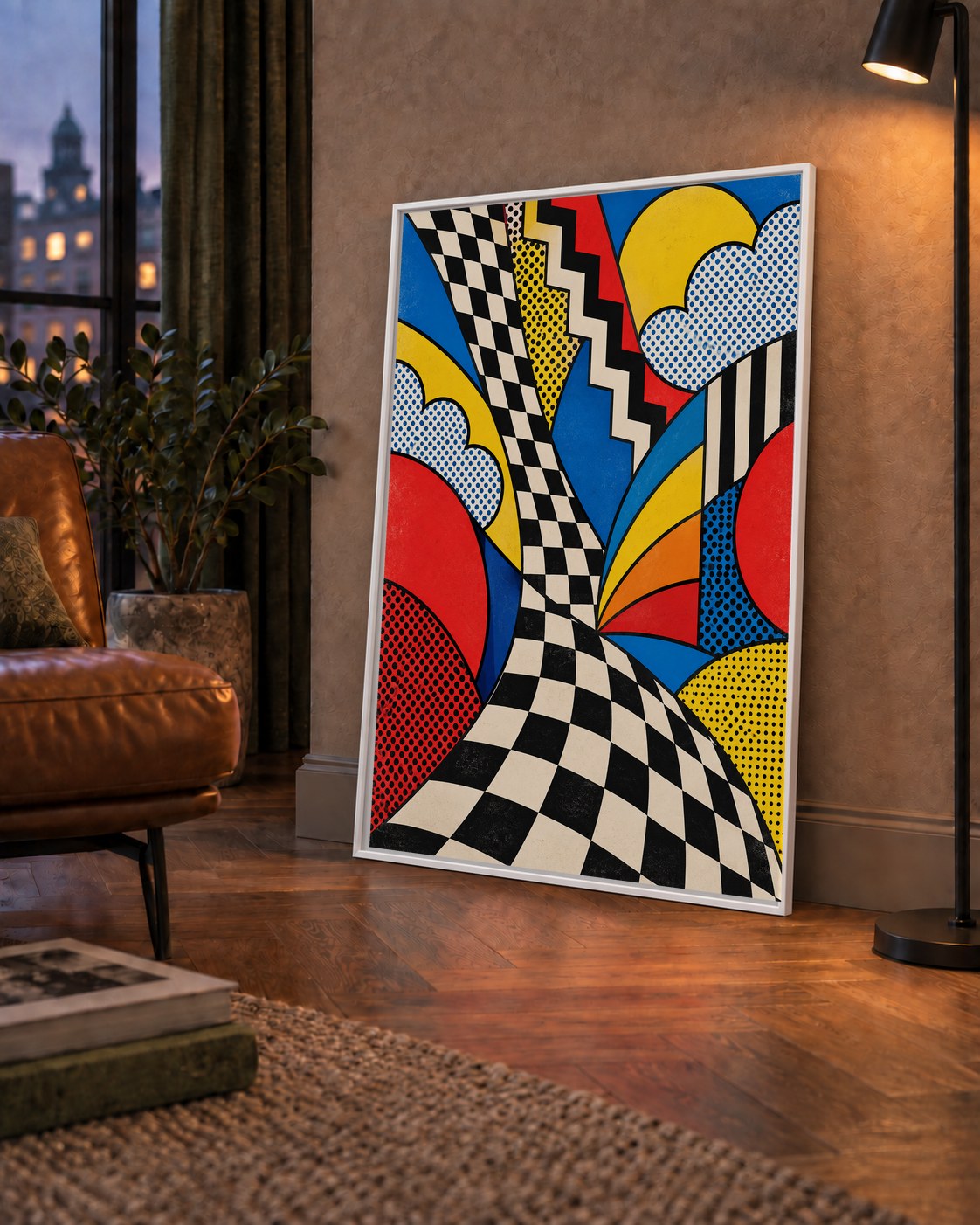 Soyut Pop Art Desenli Renkli Modern Poster Baskı — çerçeveli hâliyle bir ev duvarında
