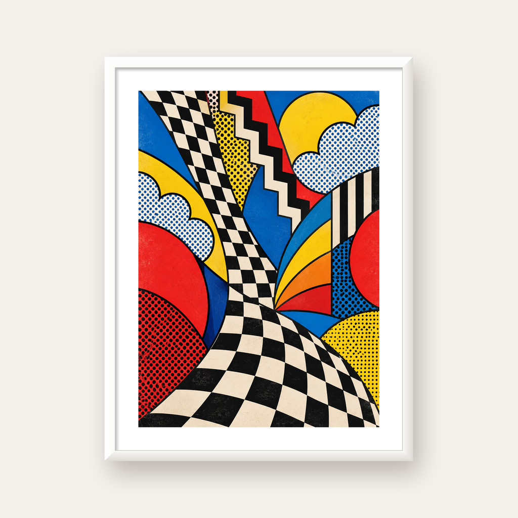 Soyut Pop Art Desenli Renkli Modern Poster Baskı — beyaz çerçeveli dikey poster