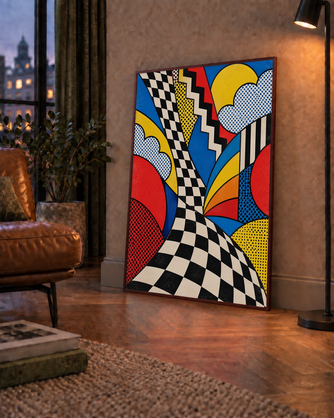 Soyut Pop Art Desenli Renkli Modern Poster Baskı — çerçeveli hâliyle bir ev duvarında