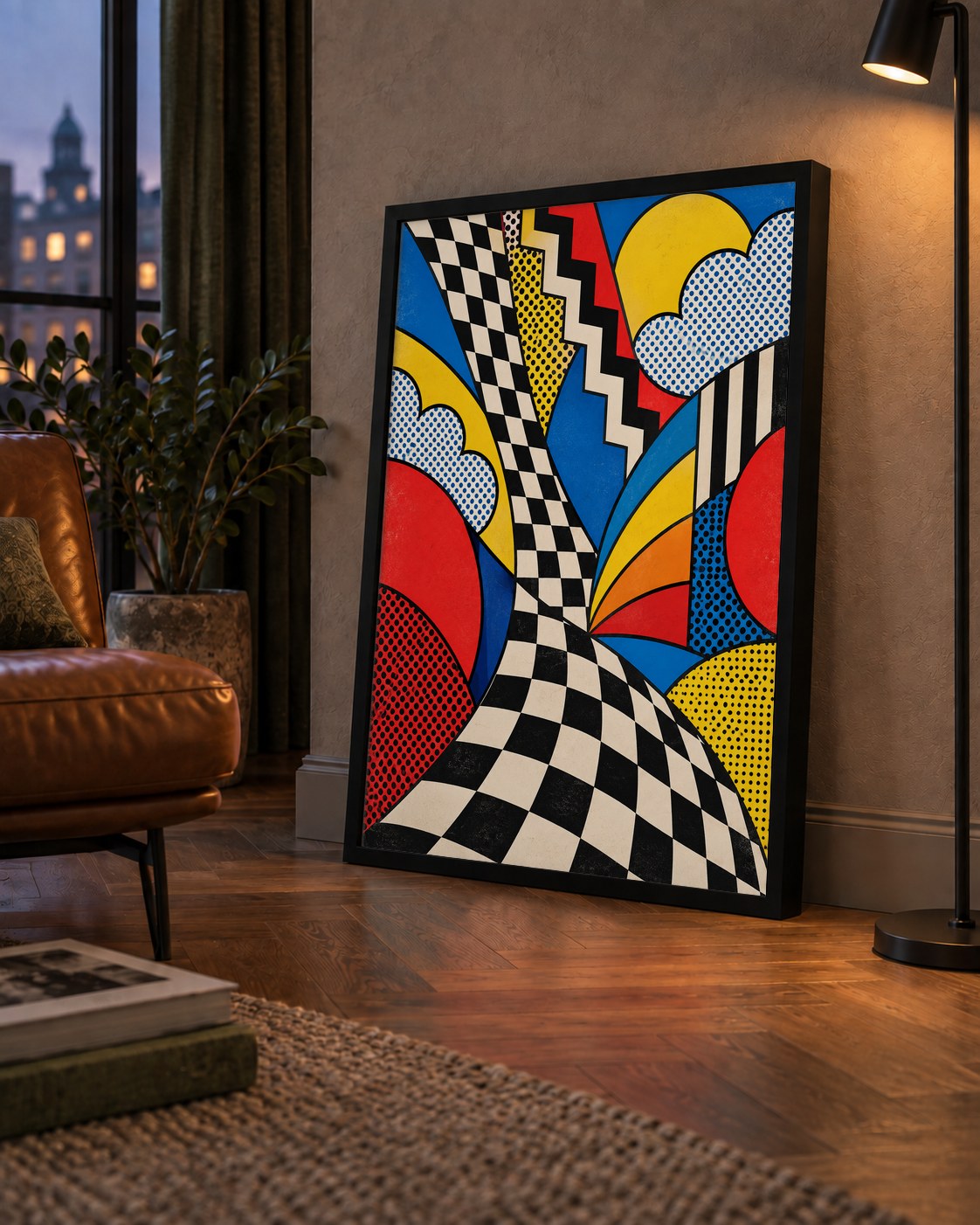 Soyut Pop Art Desenli Renkli Modern Poster Baskı — çerçeveli hâliyle bir ev duvarında