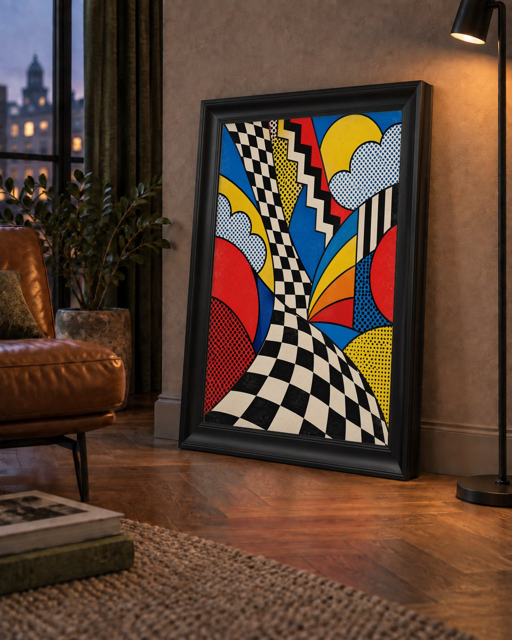 Soyut Pop Art Desenli Renkli Modern Poster Baskı — çerçeveli hâliyle bir ev duvarında