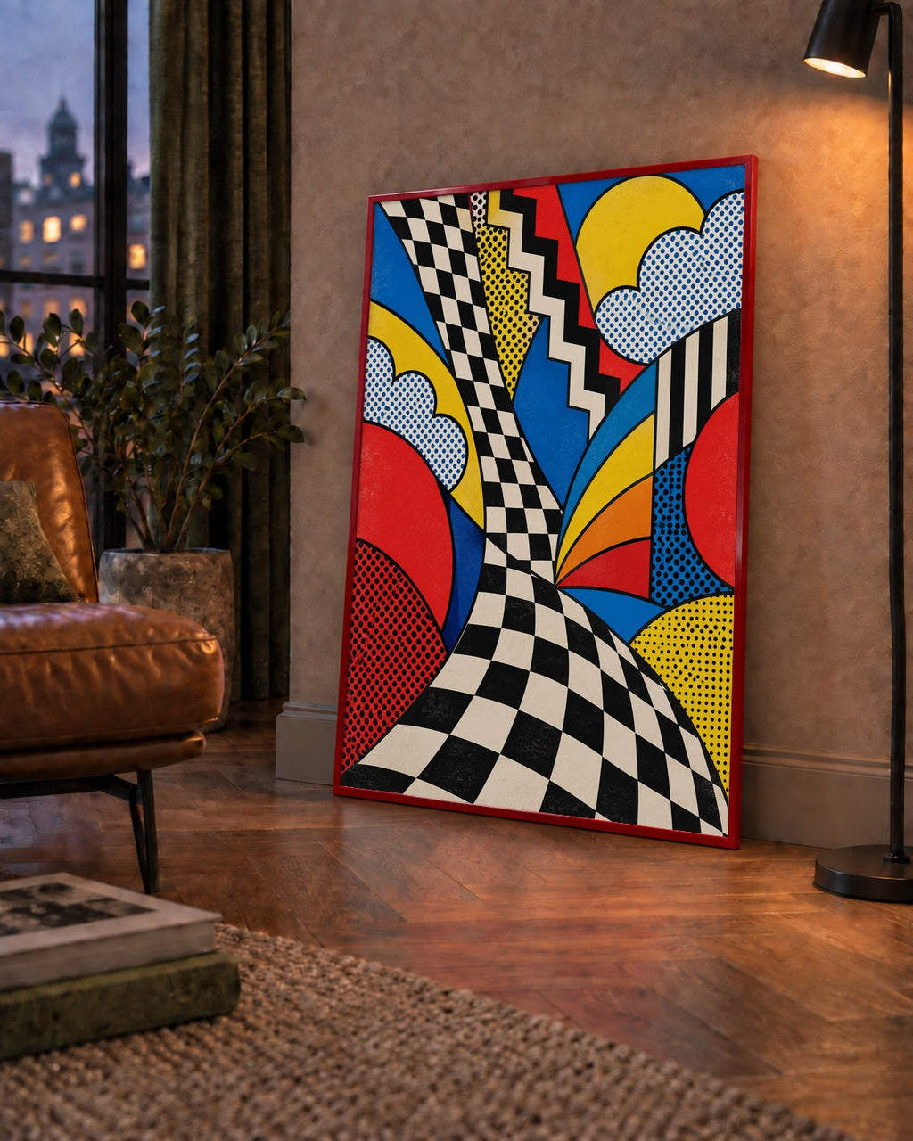 Soyut Pop Art Desenli Renkli Modern Poster Baskı — çerçeveli hâliyle bir ev duvarında