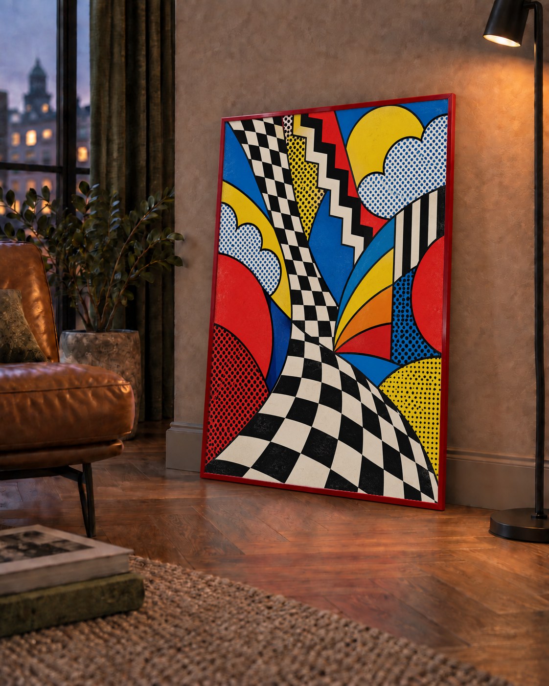 Soyut Pop Art Desenli Renkli Modern Poster Baskı — çerçeveli hâliyle bir ev duvarında