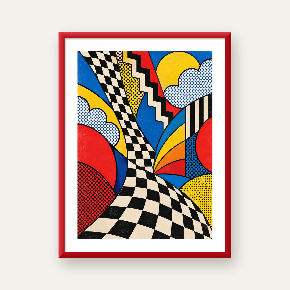 Soyut Pop Art Desenli Renkli Modern Poster Baskı — kırmızı çerçeveli paspartulu