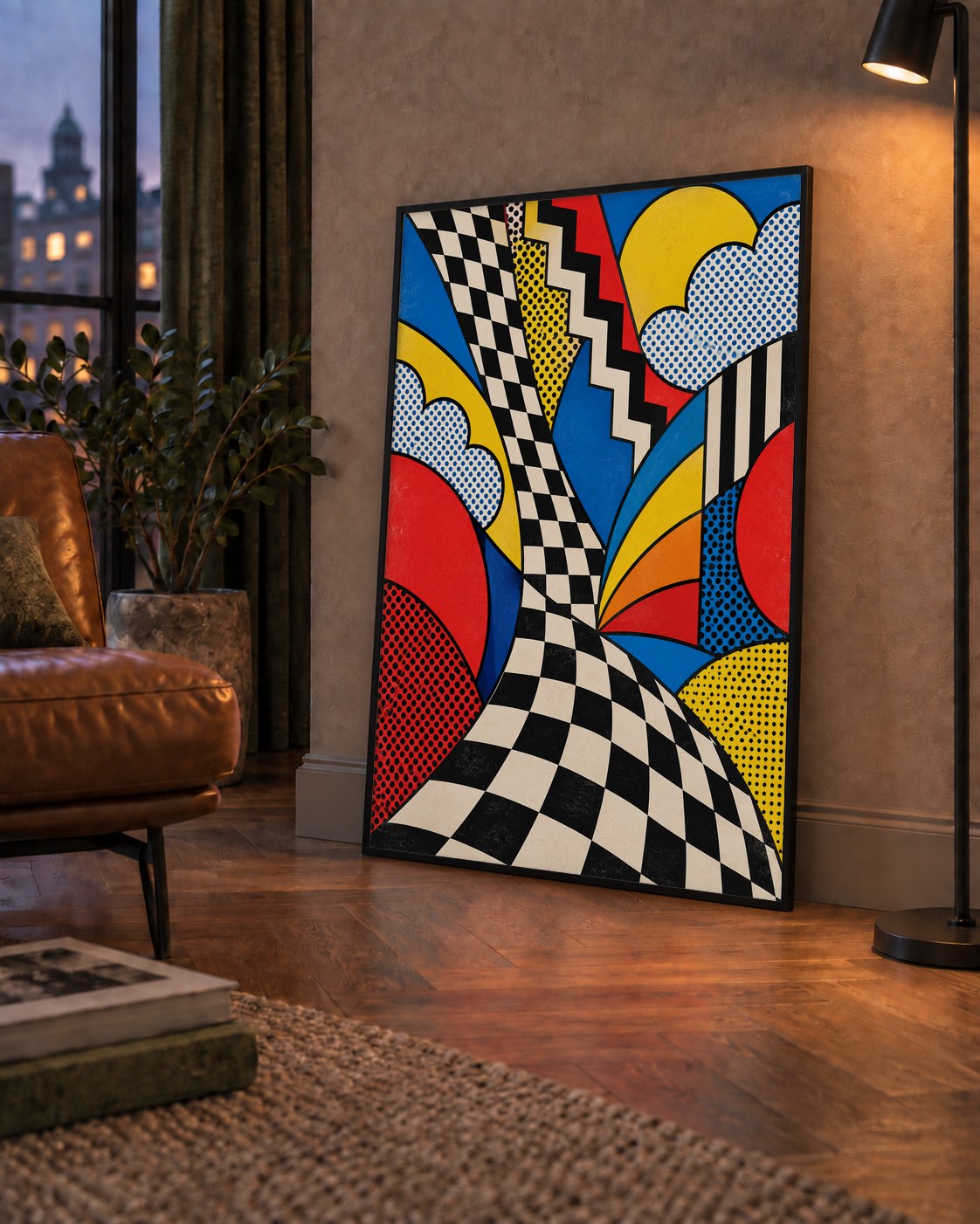 Soyut Pop Art Desenli Renkli Modern Poster Baskı — çerçeveli hâliyle bir ev duvarında