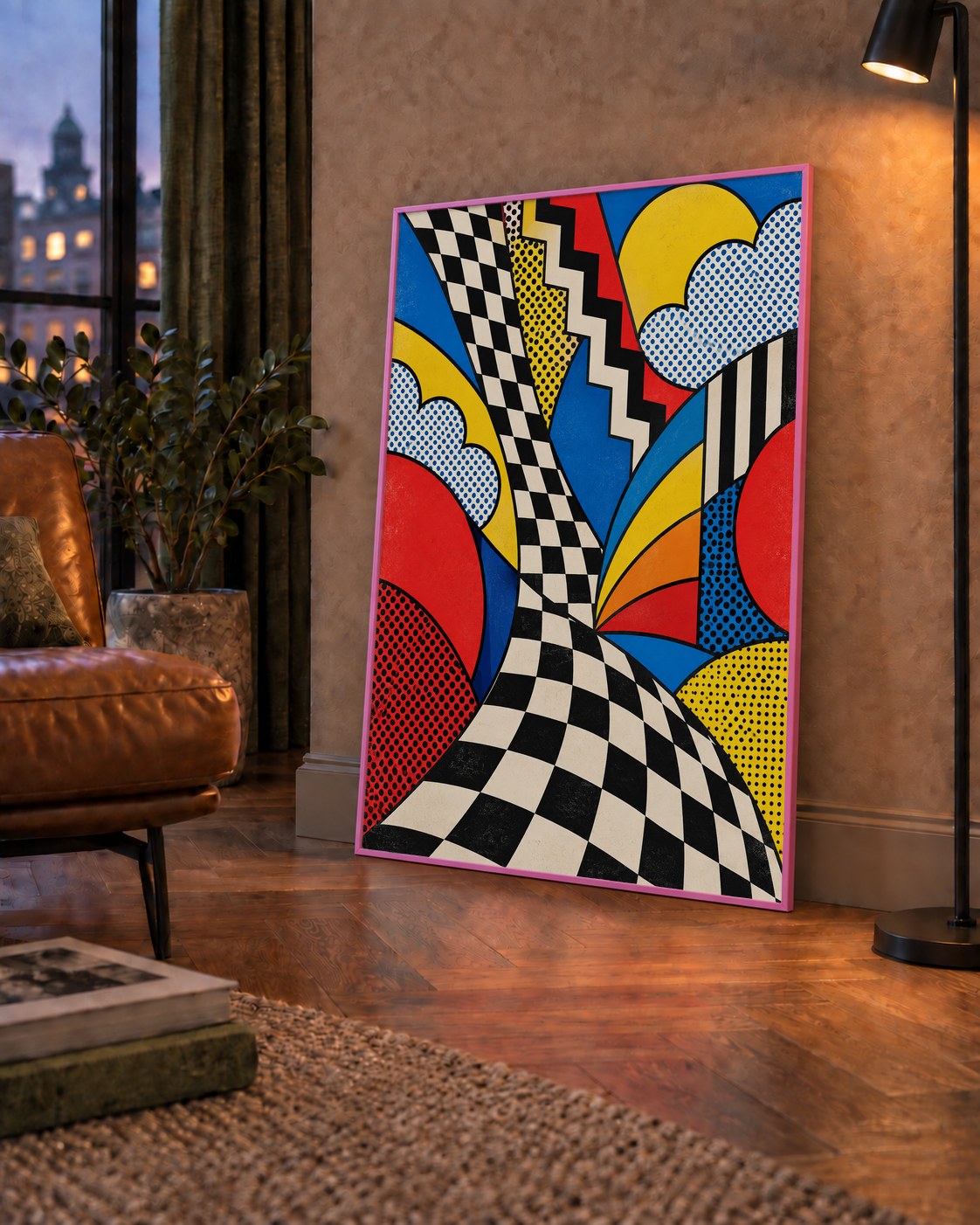 Soyut Pop Art Desenli Renkli Modern Poster Baskı — çerçeveli hâliyle bir ev duvarında
