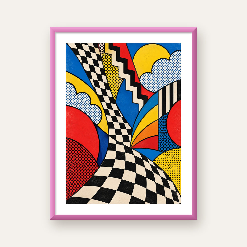 Soyut Pop Art Desenli Renkli Modern Poster Baskı — pembe çerçeveli paspartulu
