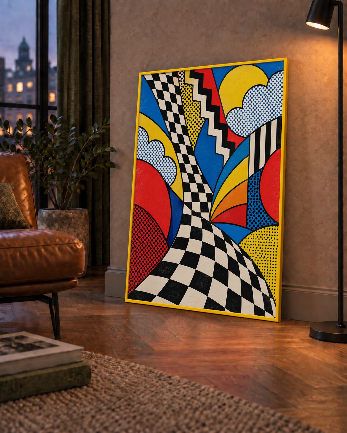 Soyut Pop Art Desenli Renkli Modern Poster Baskı — çerçeveli hâliyle bir ev duvarında