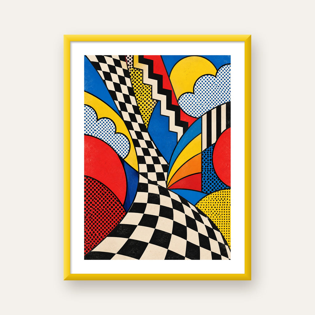 Soyut Pop Art Desenli Renkli Modern Poster Baskı — sarı çerçeveli paspartulu