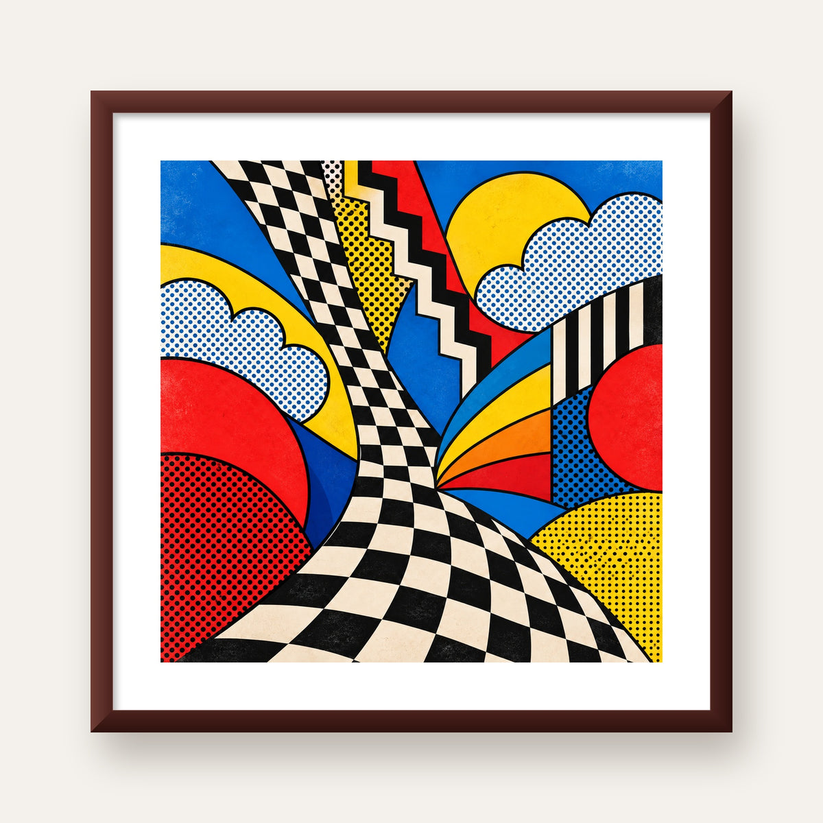 Soyut Pop Art Desenli Renkli Modern Poster Baskı — ceviz çerçeveli paspartulu