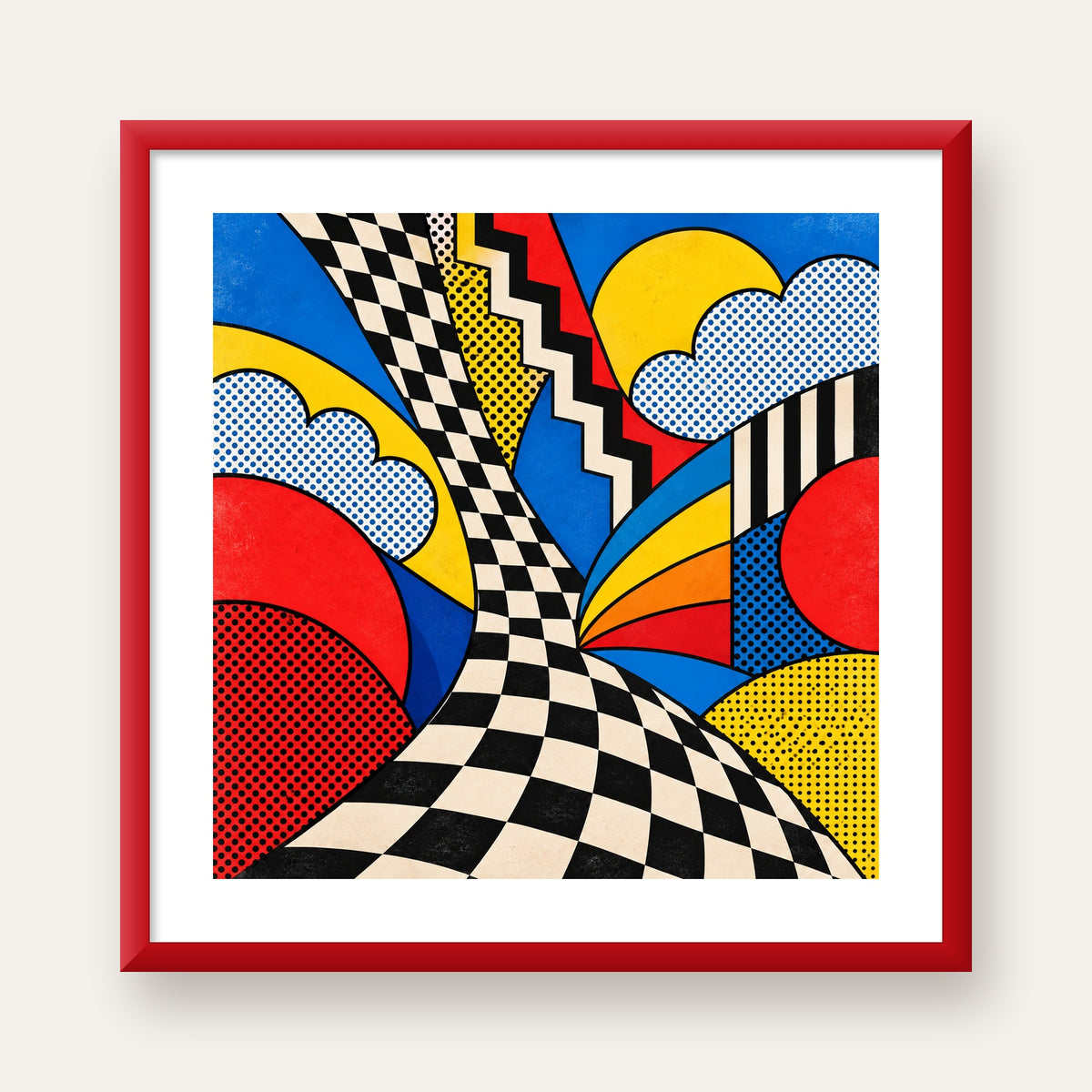 Soyut Pop Art Desenli Renkli Modern Poster Baskı — kırmızı çerçeveli paspartulu