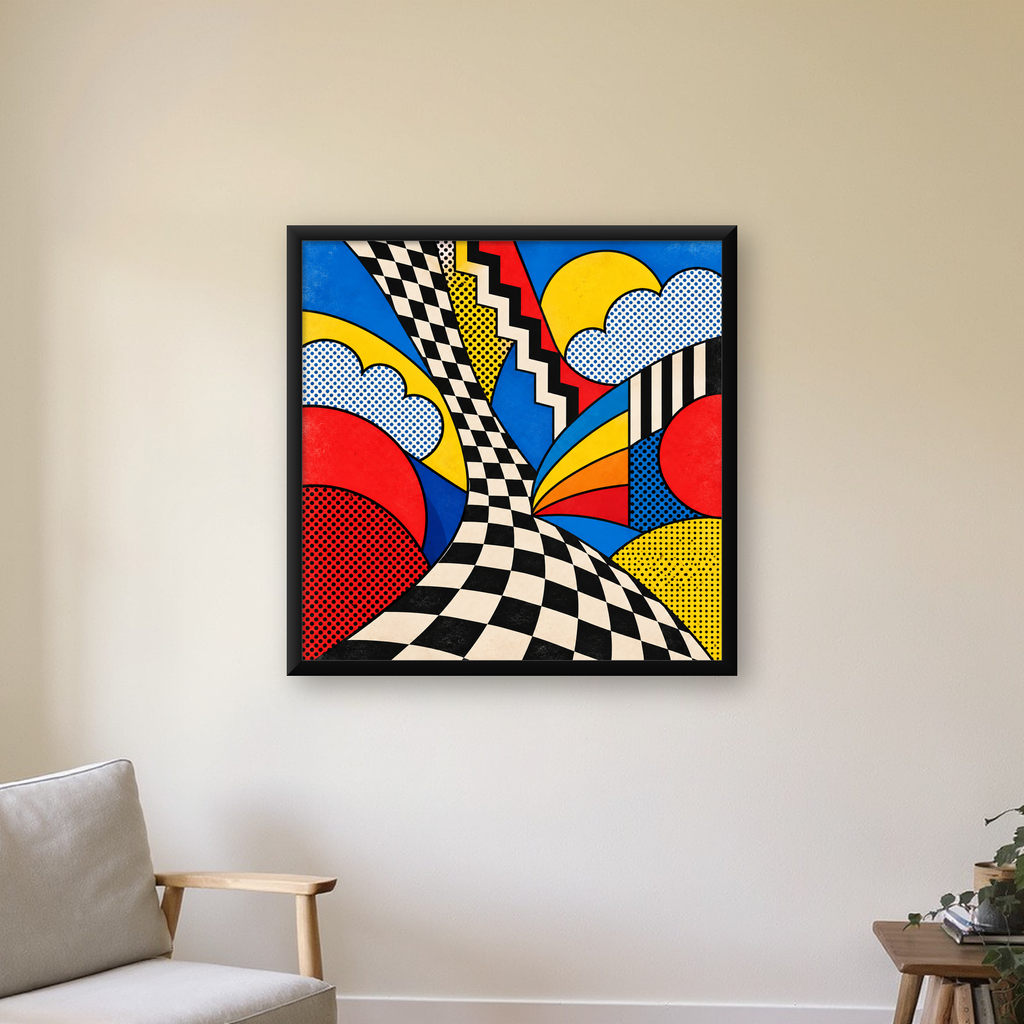 Soyut Pop Art Desenli Renkli Modern Poster Baskı — Kare baskı, çerçeveli hâliyle bir ev duvarında