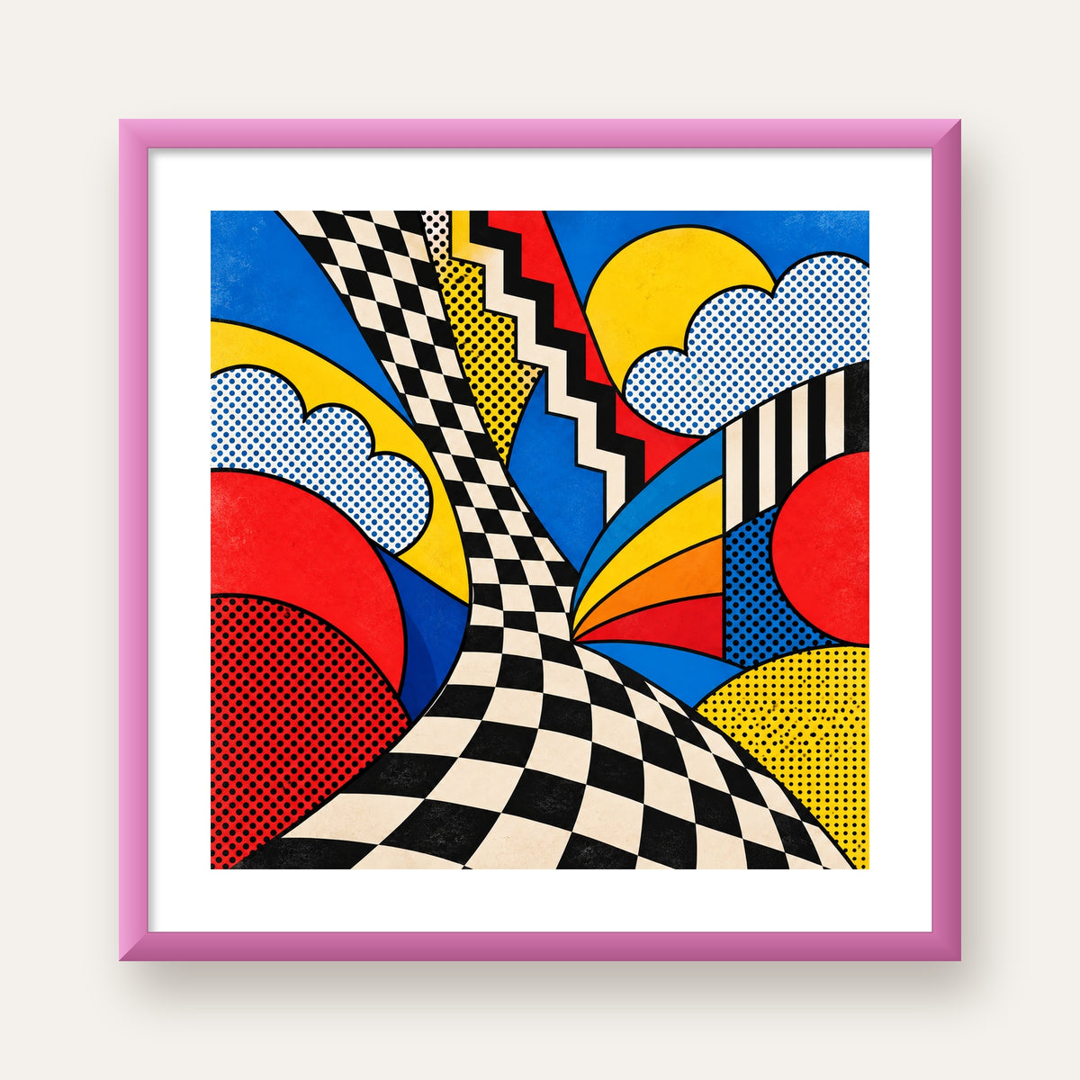 Soyut Pop Art Desenli Renkli Modern Poster Baskı — pembe çerçeveli paspartulu