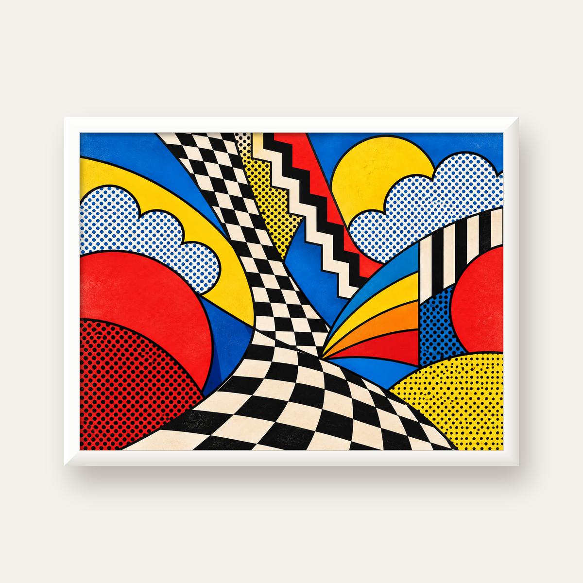 Soyut Pop Art Desenli Renkli Modern Poster Baskı — beyaz çerçeveli yatay poster