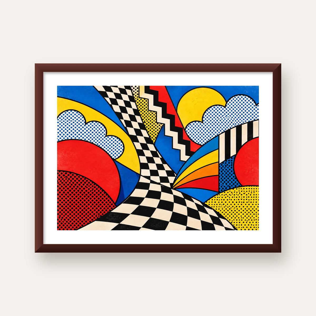 Soyut Pop Art Desenli Renkli Modern Poster Baskı — ceviz çerçeveli paspartulu