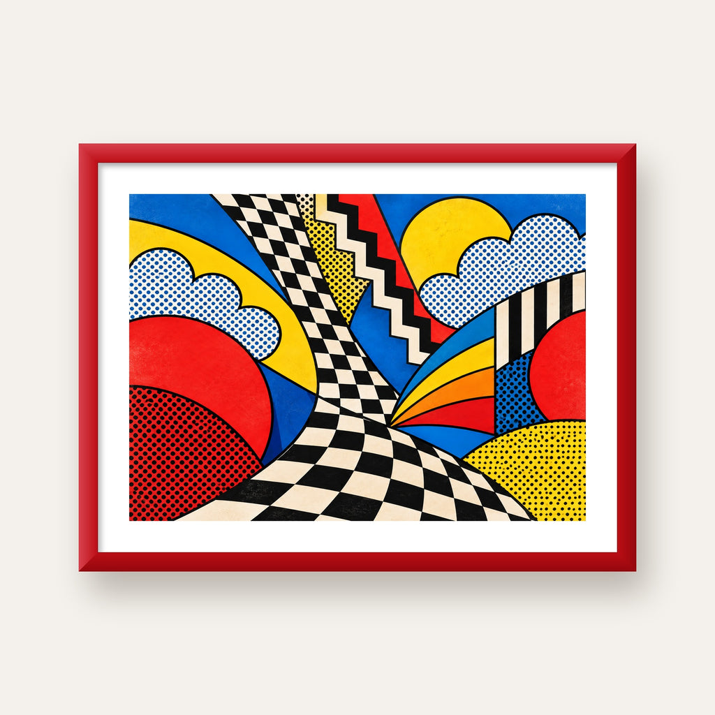 Soyut Pop Art Desenli Renkli Modern Poster Baskı — kırmızı çerçeveli paspartulu