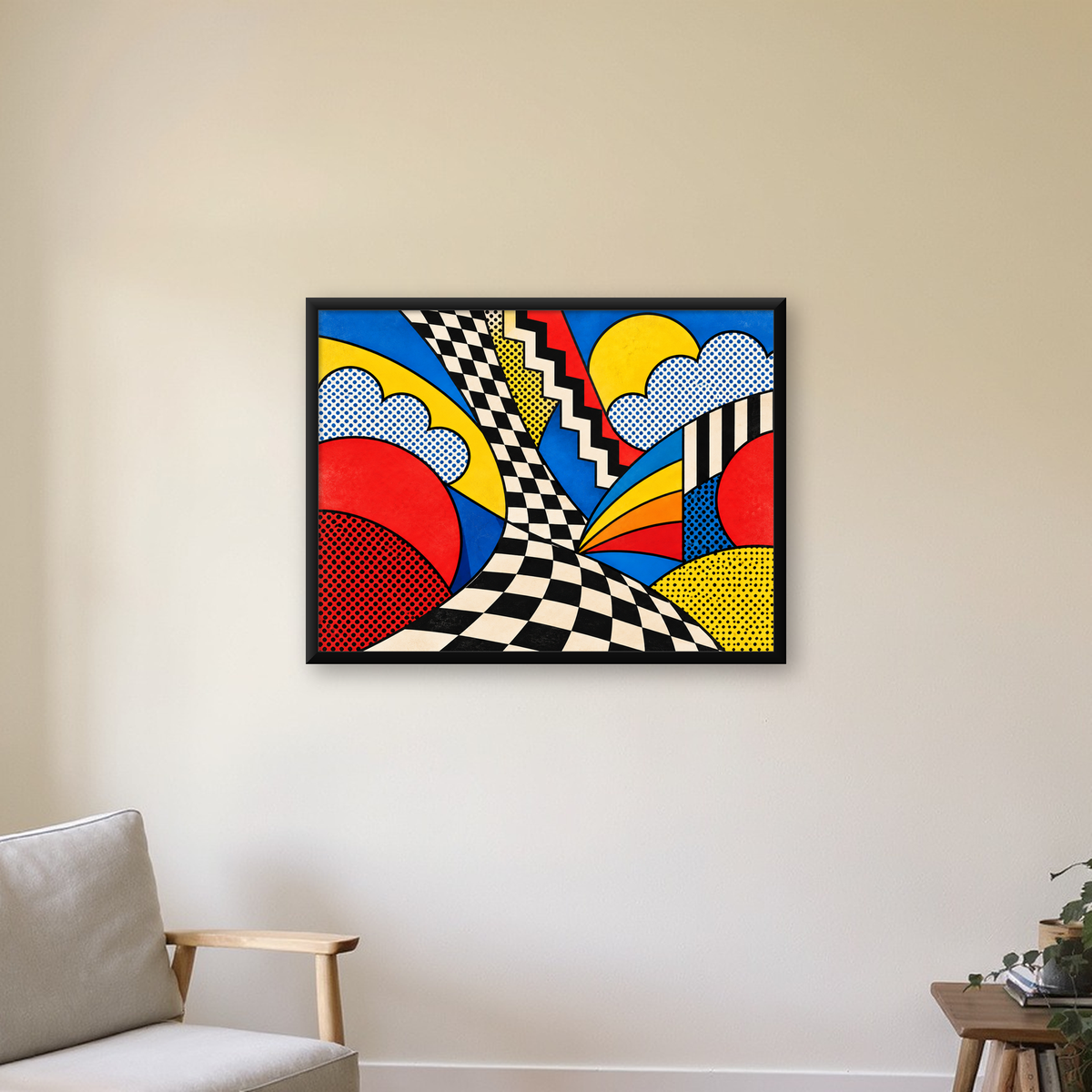 Soyut Pop Art Desenli Renkli Modern Poster Baskı — Yatay baskı, çerçeveli hâliyle bir ev duvarında