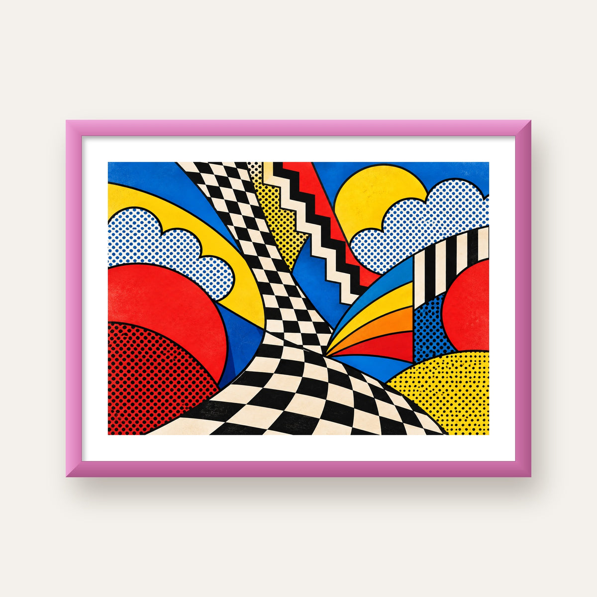 Soyut Pop Art Desenli Renkli Modern Poster Baskı — pembe çerçeveli paspartulu