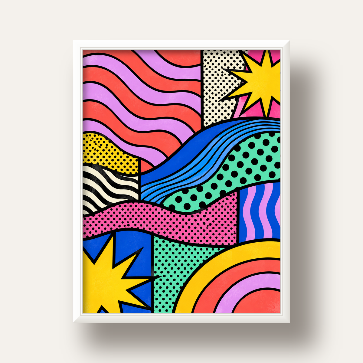 Pop Art Renkli Geometrik Desenli Poster – Canlı Soyut Baskı — beyaz derin çerçeveli