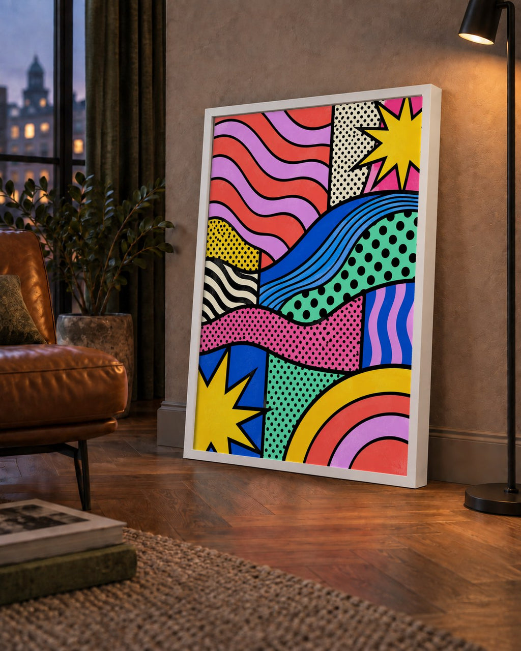 Pop Art Renkli Geometrik Desenli Poster – Canlı Soyut Baskı — çerçeveli hâliyle bir ev duvarında