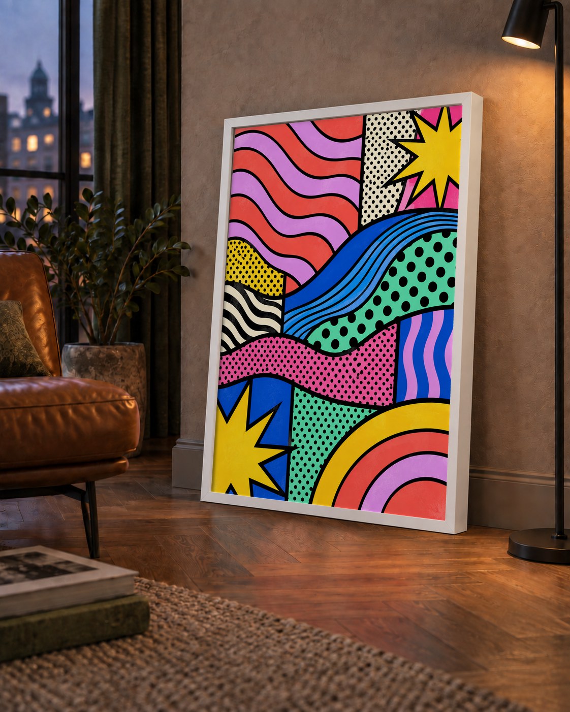 Pop Art Renkli Geometrik Desenli Poster – Canlı Soyut Baskı — çerçeveli hâliyle bir ev duvarında