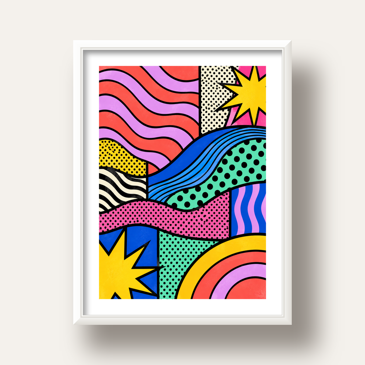 Pop Art Renkli Geometrik Desenli Poster – Canlı Soyut Baskı — beyaz derin çerçeveli paspartulu