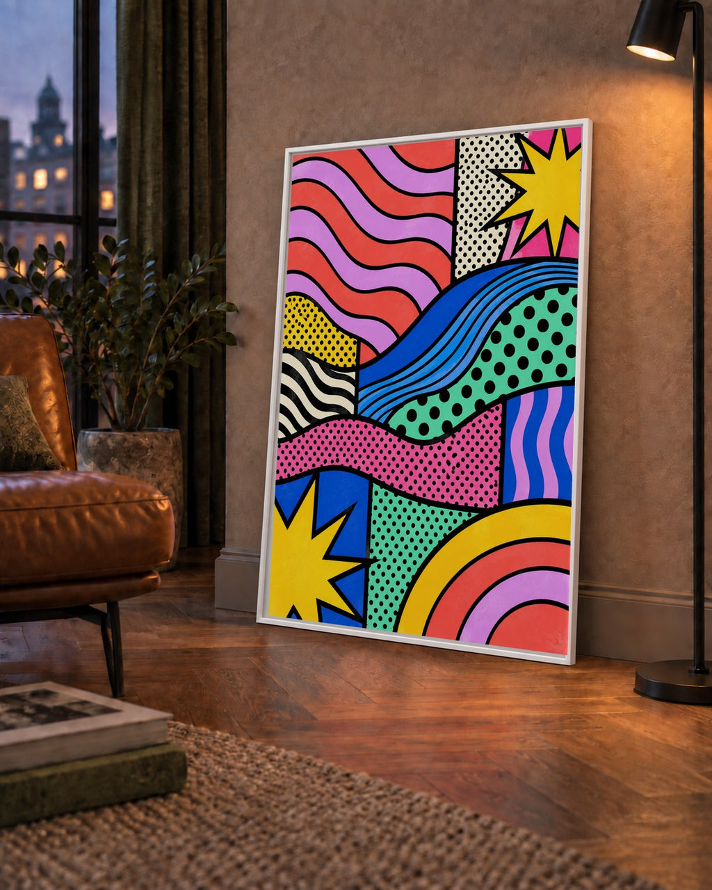 Pop Art Renkli Geometrik Desenli Poster – Canlı Soyut Baskı — çerçeveli hâliyle bir ev duvarında