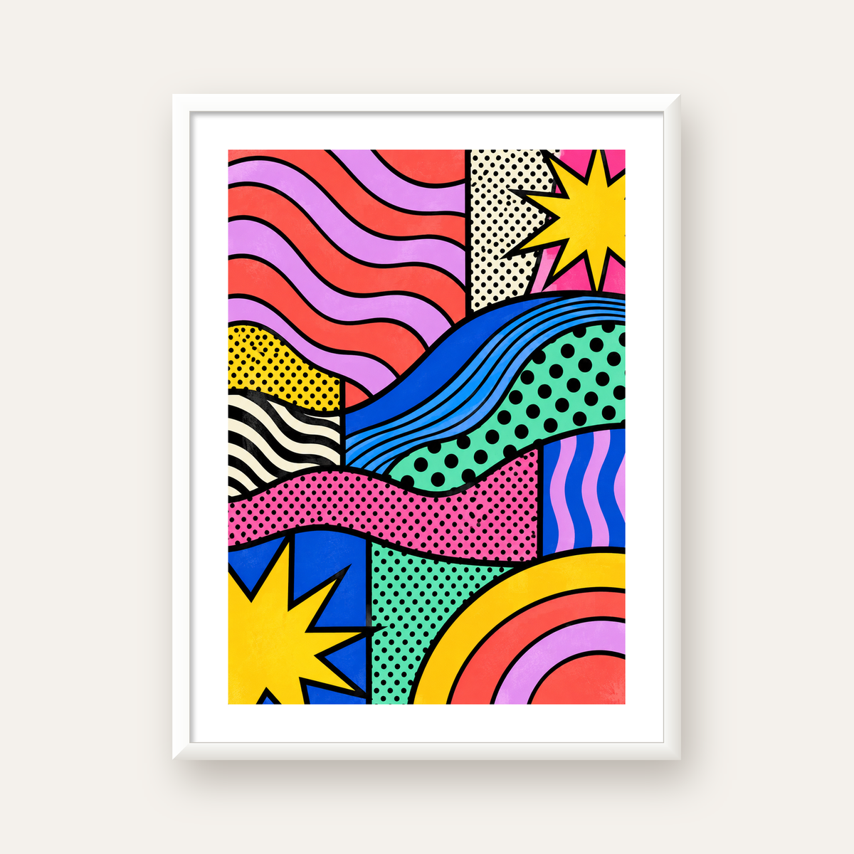 Pop Art Renkli Geometrik Desenli Poster – Canlı Soyut Baskı — beyaz çerçeveli dikey poster