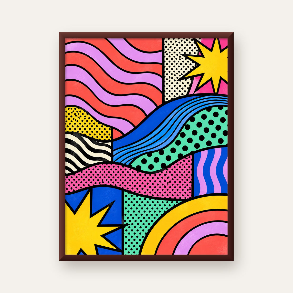 Pop Art Renkli Geometrik Desenli Poster – Canlı Soyut Baskı — ceviz çerçeveli