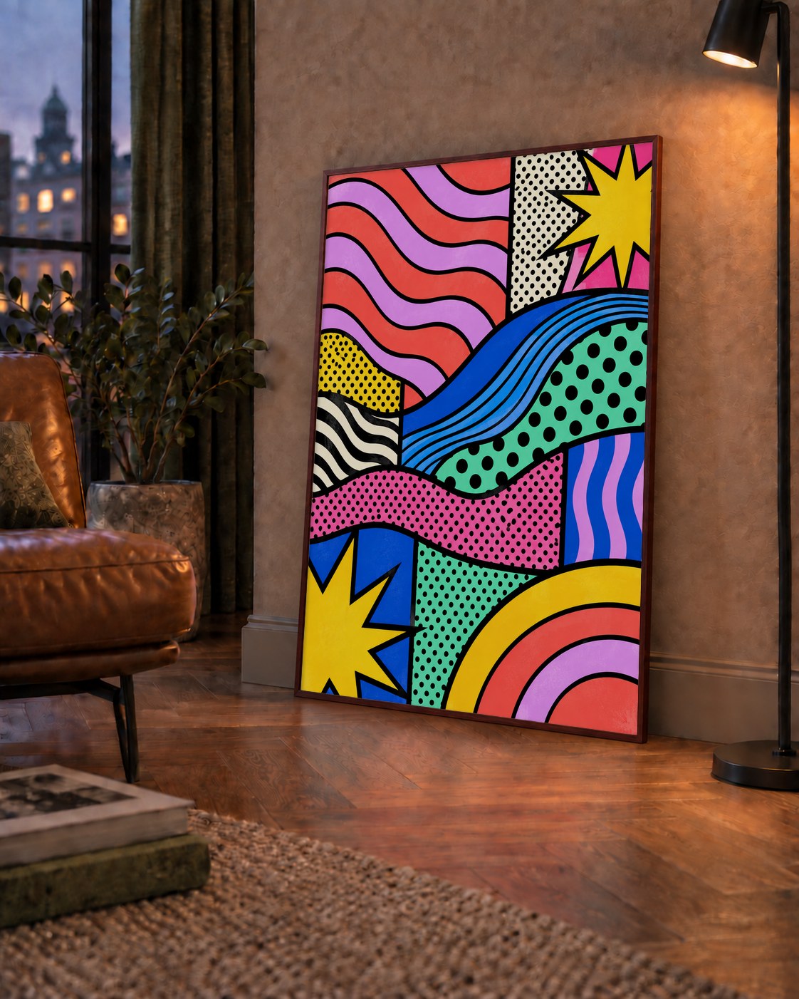 Pop Art Renkli Geometrik Desenli Poster – Canlı Soyut Baskı — çerçeveli hâliyle bir ev duvarında