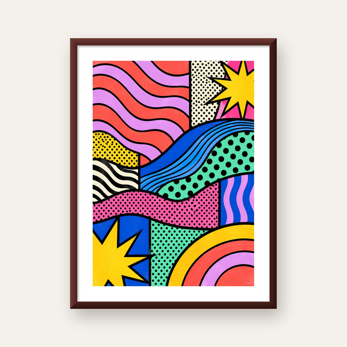 Pop Art Renkli Geometrik Desenli Poster – Canlı Soyut Baskı — ceviz çerçeveli paspartulu