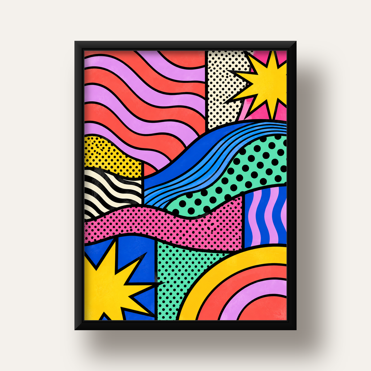 Pop Art Renkli Geometrik Desenli Poster – Canlı Soyut Baskı — siyah derin çerçeveli