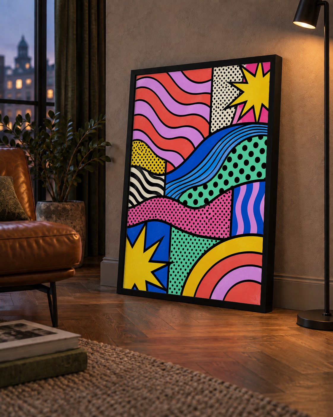 Pop Art Renkli Geometrik Desenli Poster – Canlı Soyut Baskı — çerçeveli hâliyle bir ev duvarında