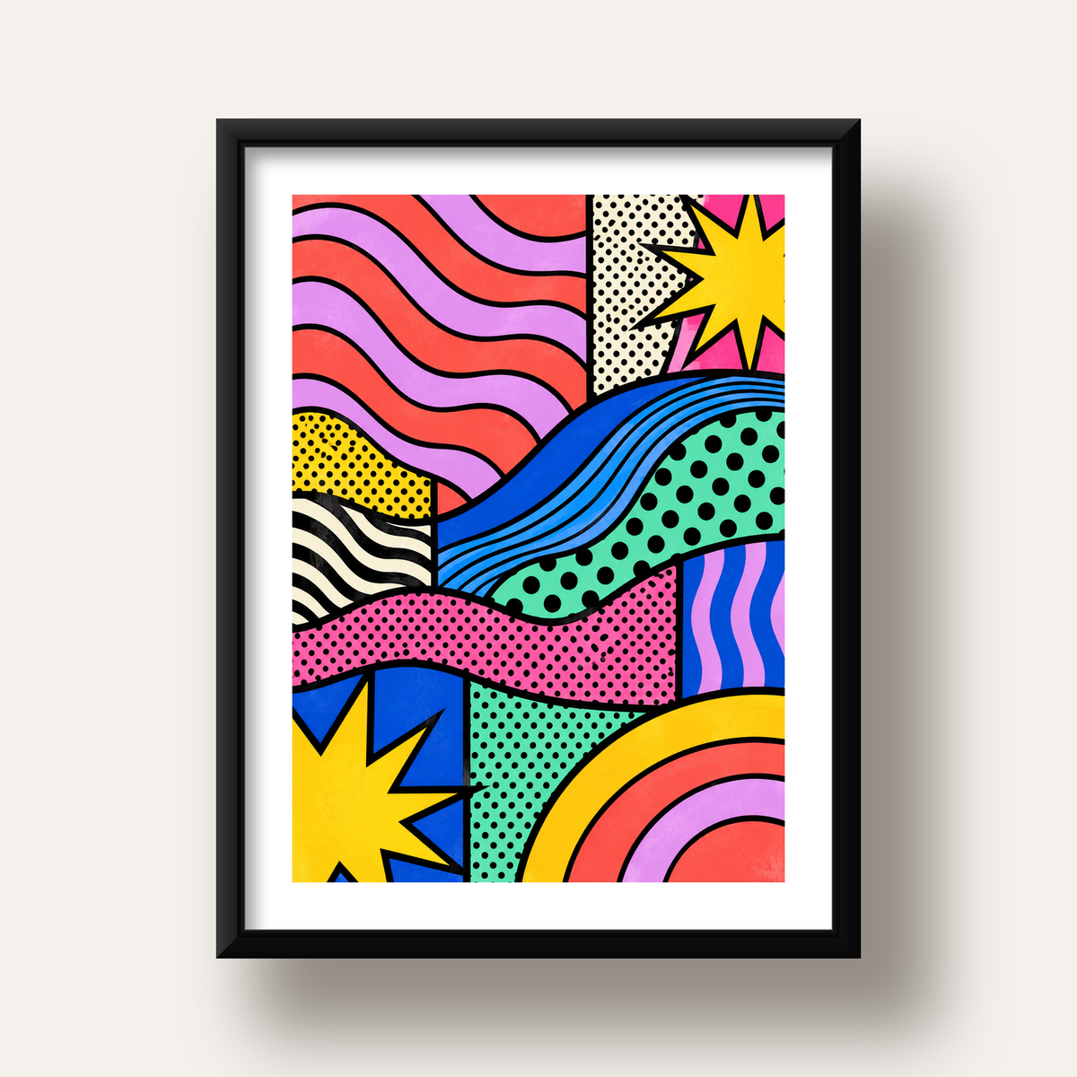 Pop Art Renkli Geometrik Desenli Poster – Canlı Soyut Baskı — siyah derin çerçeveli paspartulu