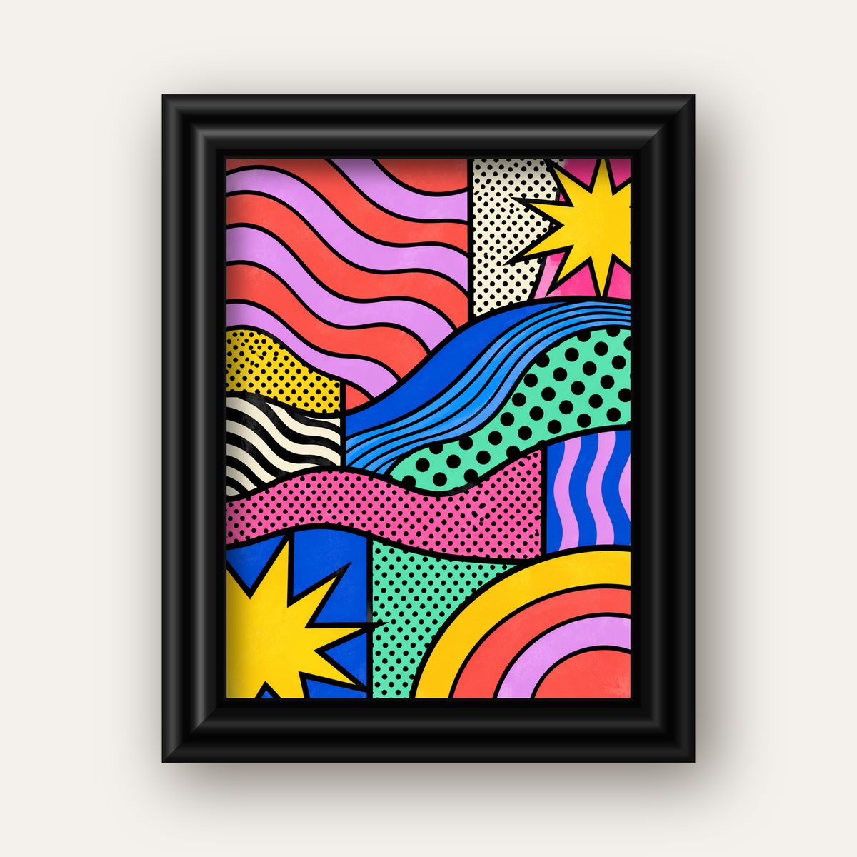 Pop Art Renkli Geometrik Desenli Poster – Canlı Soyut Baskı — siyah galeri çerçeveli
