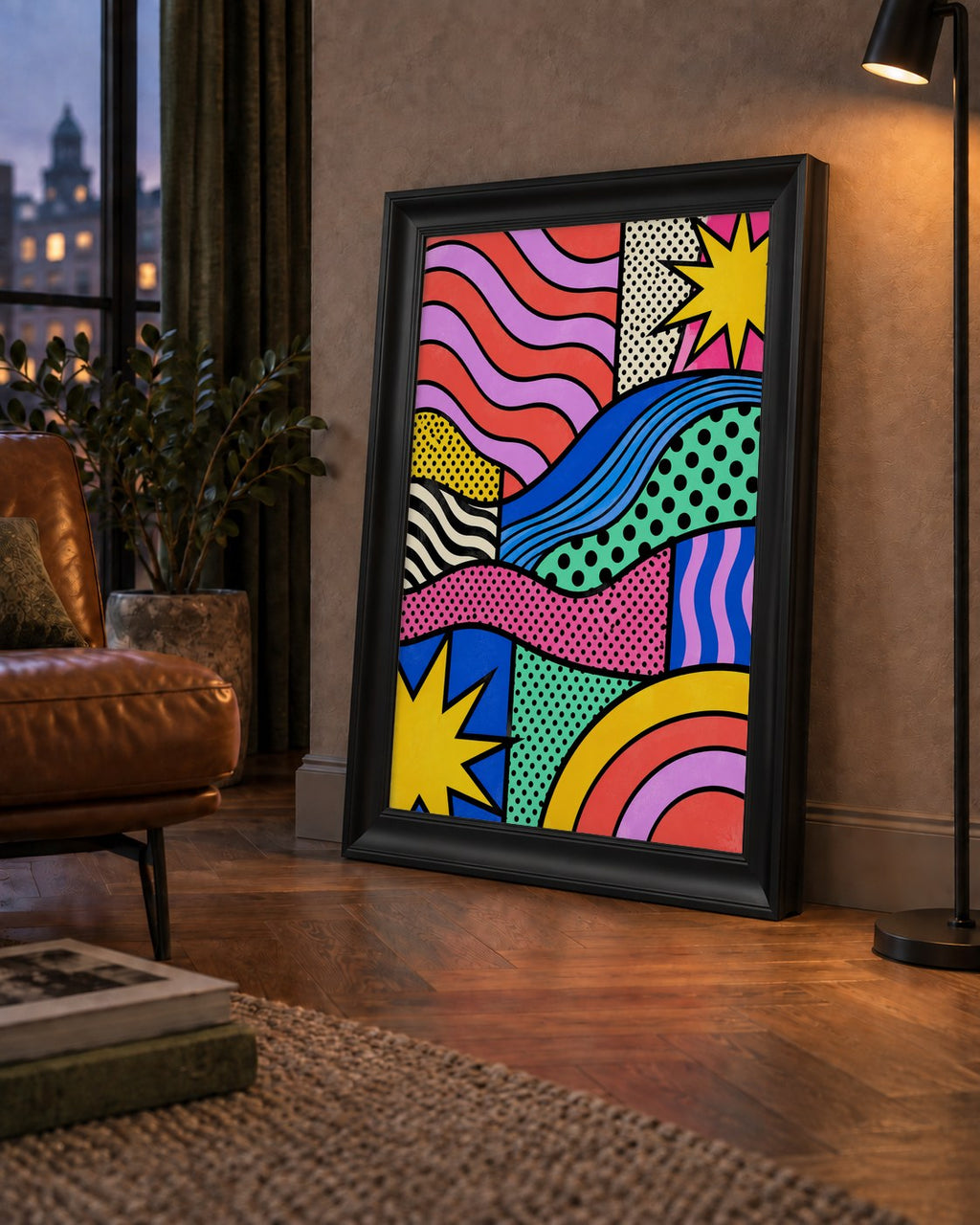 Pop Art Renkli Geometrik Desenli Poster – Canlı Soyut Baskı — çerçeveli hâliyle bir ev duvarında