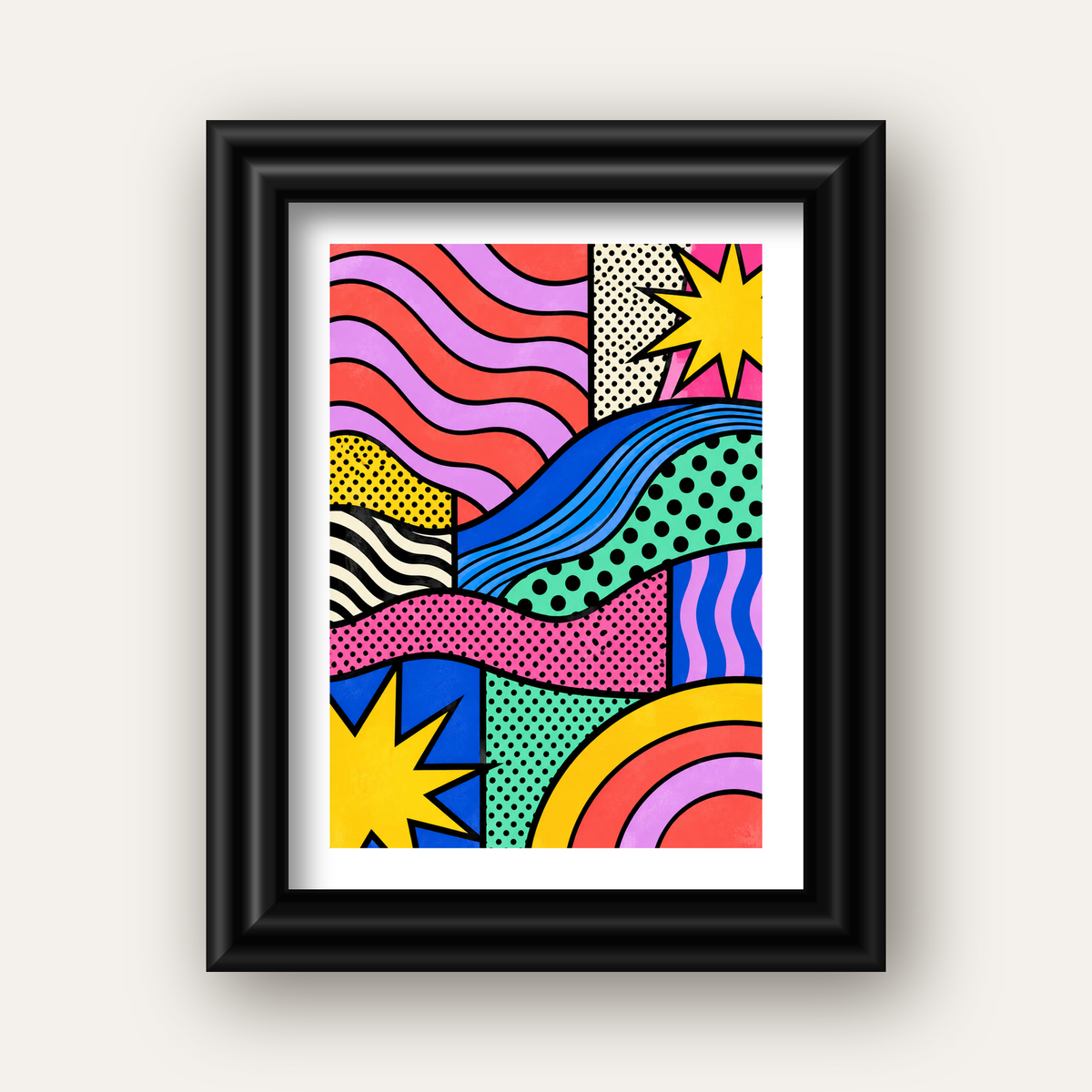 Pop Art Renkli Geometrik Desenli Poster – Canlı Soyut Baskı — siyah galeri çerçeveli paspartulu