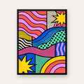 Pop Art Renkli Geometrik Desenli Poster – Canlı Soyut Baskı — Dikey baskı, düz siyah çerçeveli duvar posteri