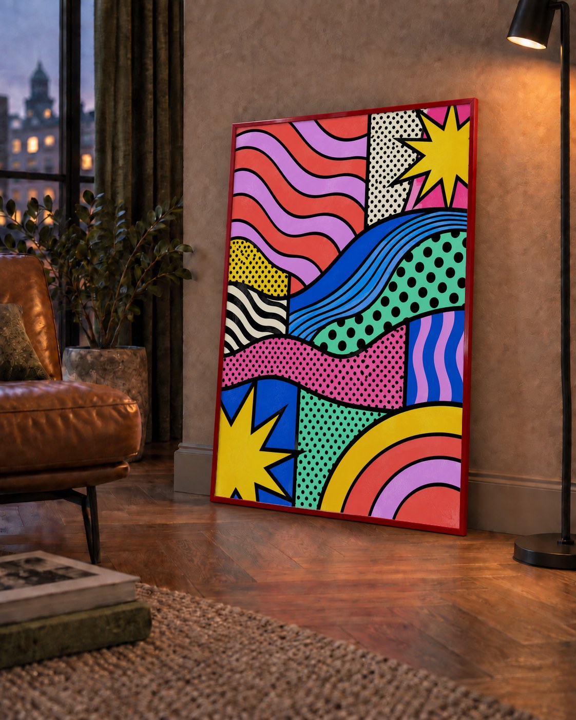 Pop Art Renkli Geometrik Desenli Poster – Canlı Soyut Baskı — çerçeveli hâliyle bir ev duvarında