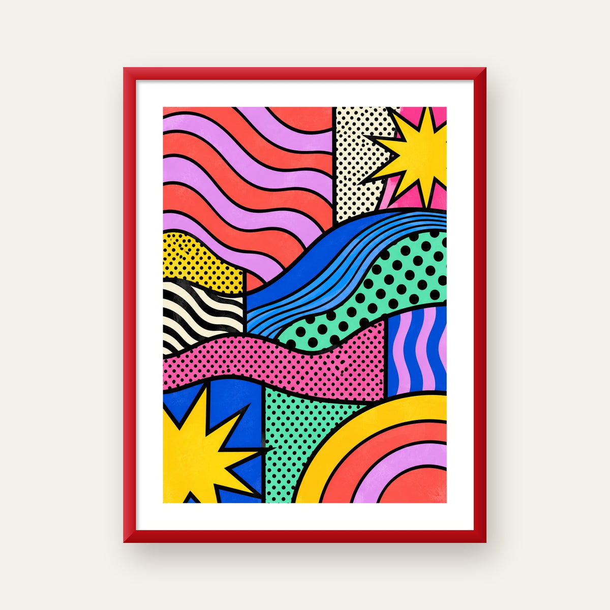 Pop Art Renkli Geometrik Desenli Poster – Canlı Soyut Baskı — kırmızı çerçeveli paspartulu