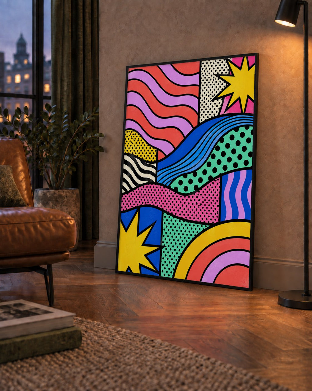 Pop Art Renkli Geometrik Desenli Poster – Canlı Soyut Baskı — çerçeveli hâliyle bir ev duvarında