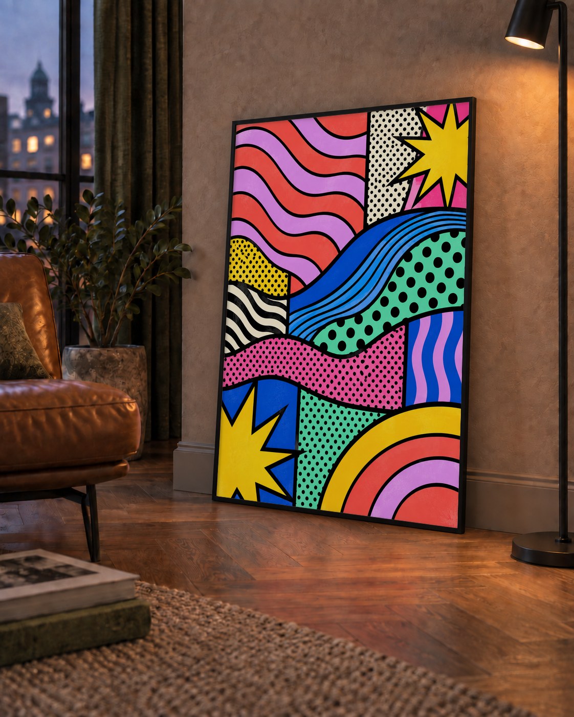 Pop Art Renkli Geometrik Desenli Poster – Canlı Soyut Baskı — çerçeveli hâliyle bir ev duvarında
