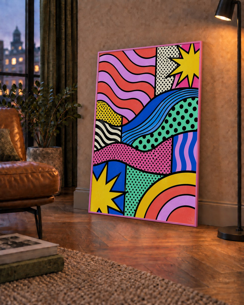 Pop Art Renkli Geometrik Desenli Poster – Canlı Soyut Baskı — çerçeveli hâliyle bir ev duvarında