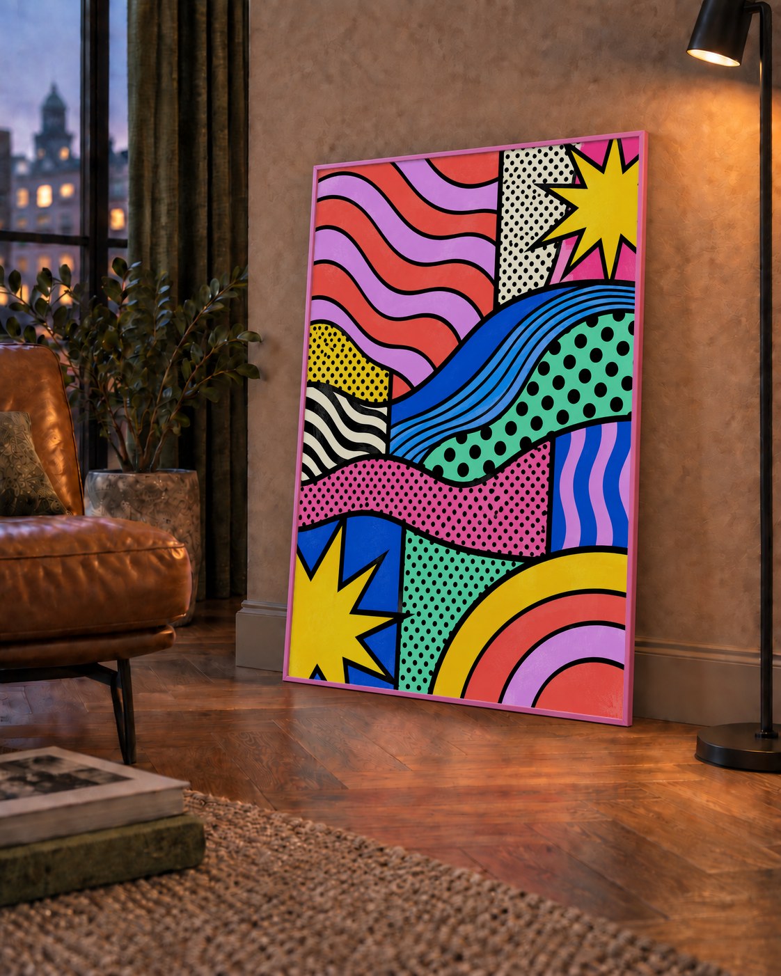 Pop Art Renkli Geometrik Desenli Poster – Canlı Soyut Baskı — çerçeveli hâliyle bir ev duvarında
