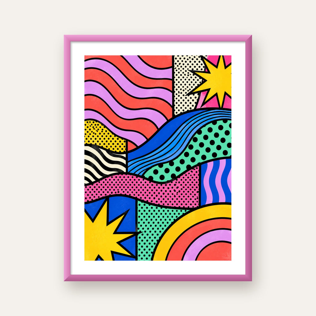 Pop Art Renkli Geometrik Desenli Poster – Canlı Soyut Baskı — pembe çerçeveli paspartulu