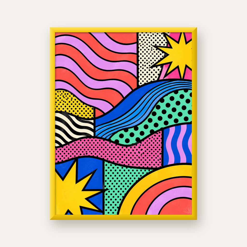 Pop Art Renkli Geometrik Desenli Poster – Canlı Soyut Baskı — sarı çerçeveli