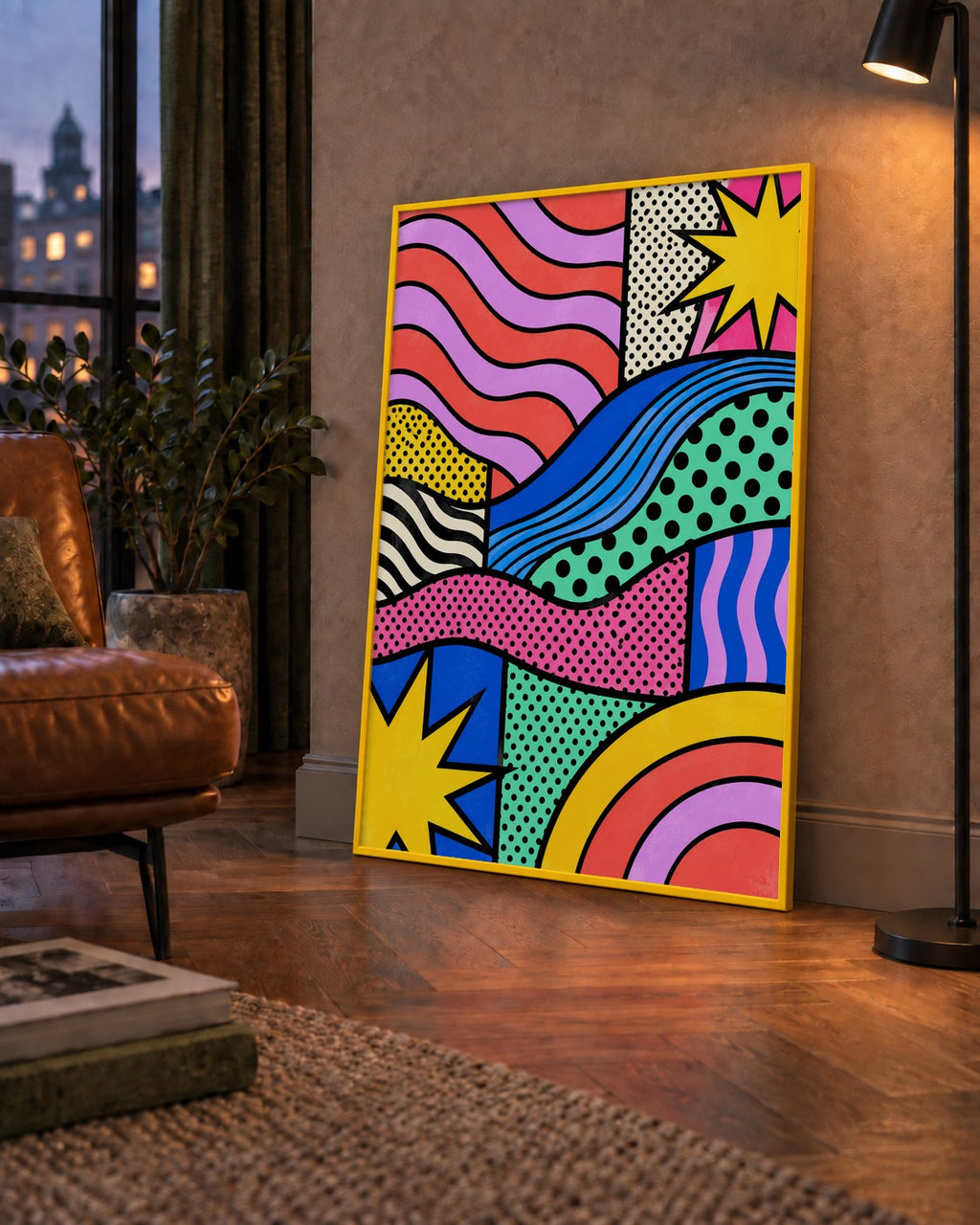 Pop Art Renkli Geometrik Desenli Poster – Canlı Soyut Baskı — çerçeveli hâliyle bir ev duvarında