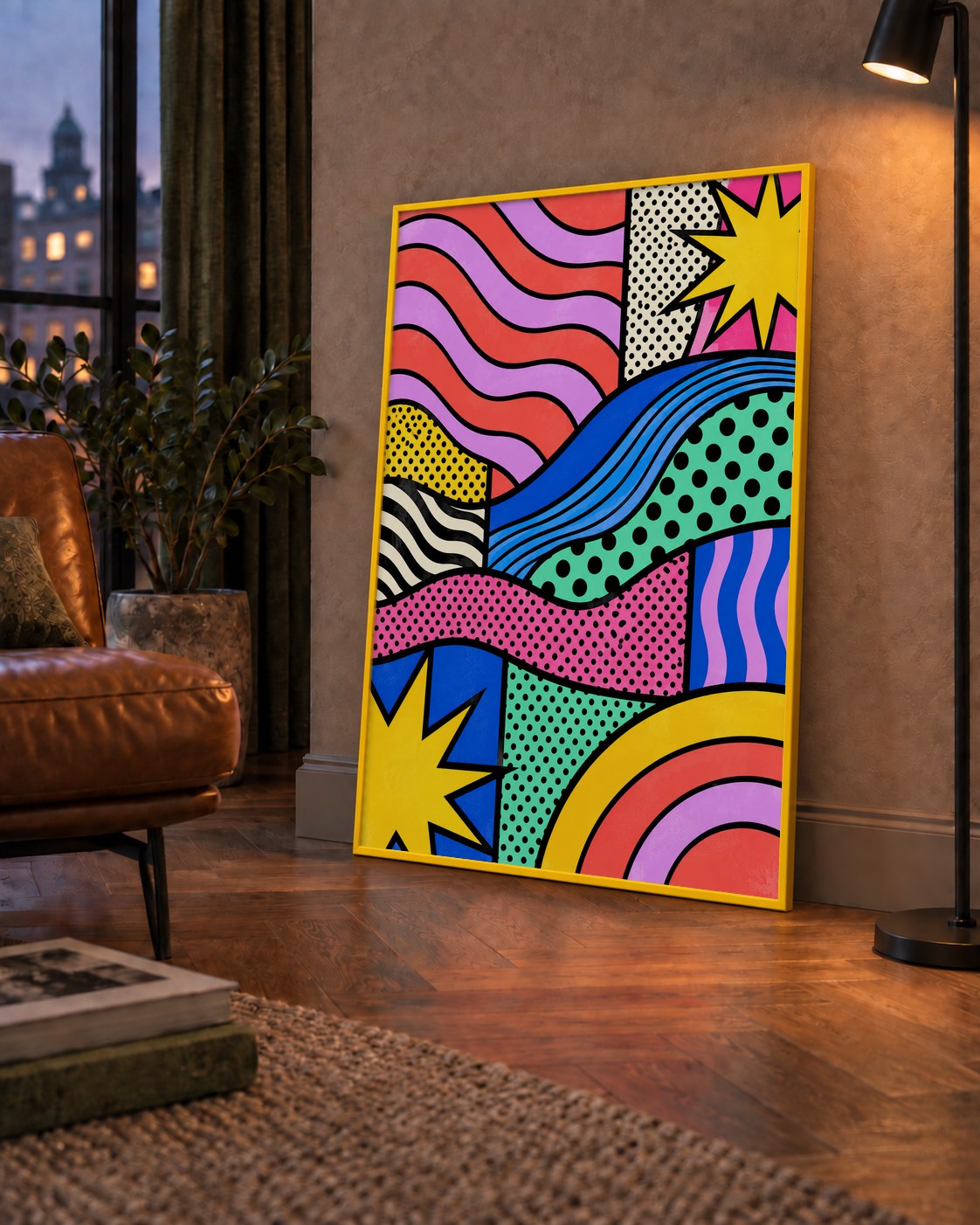 Pop Art Renkli Geometrik Desenli Poster – Canlı Soyut Baskı — çerçeveli hâliyle bir ev duvarında