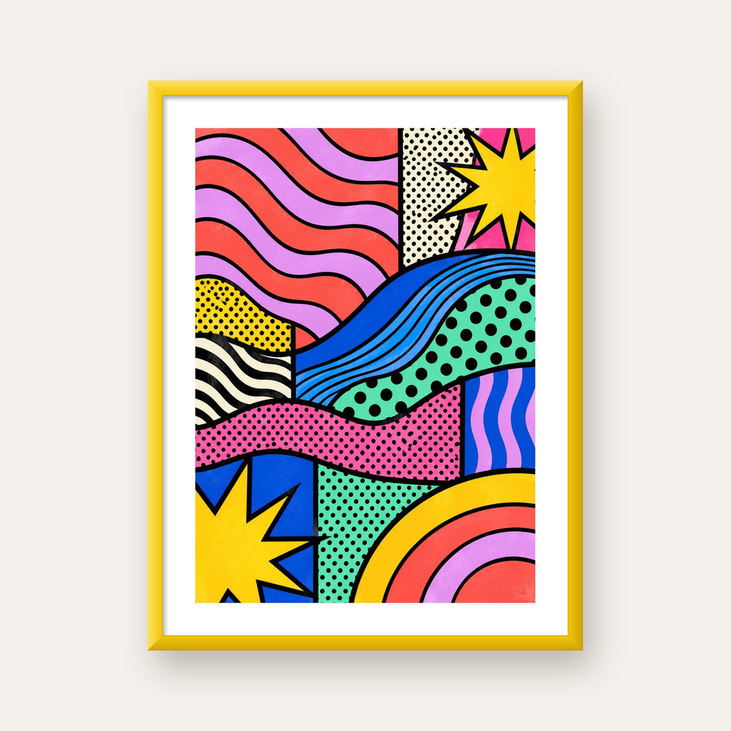 Pop Art Renkli Geometrik Desenli Poster – Canlı Soyut Baskı — sarı çerçeveli paspartulu