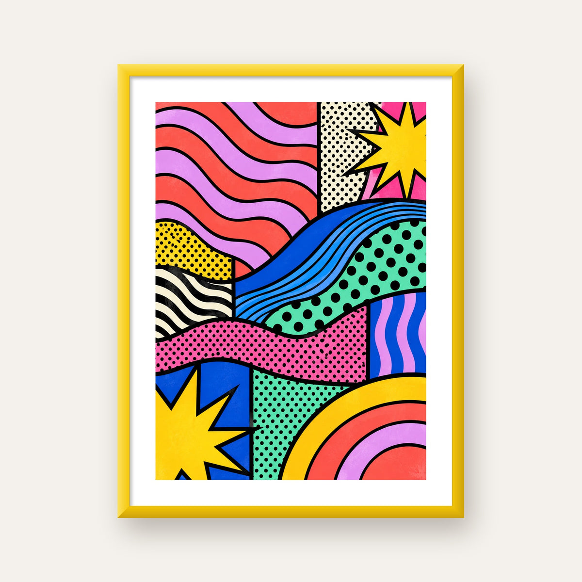 Pop Art Renkli Geometrik Desenli Poster – Canlı Soyut Baskı — sarı çerçeveli paspartulu